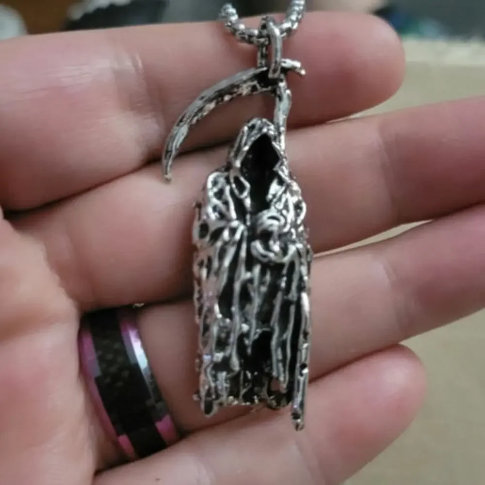 3D Grim Reaper necklace, silver stainless steel round box chain